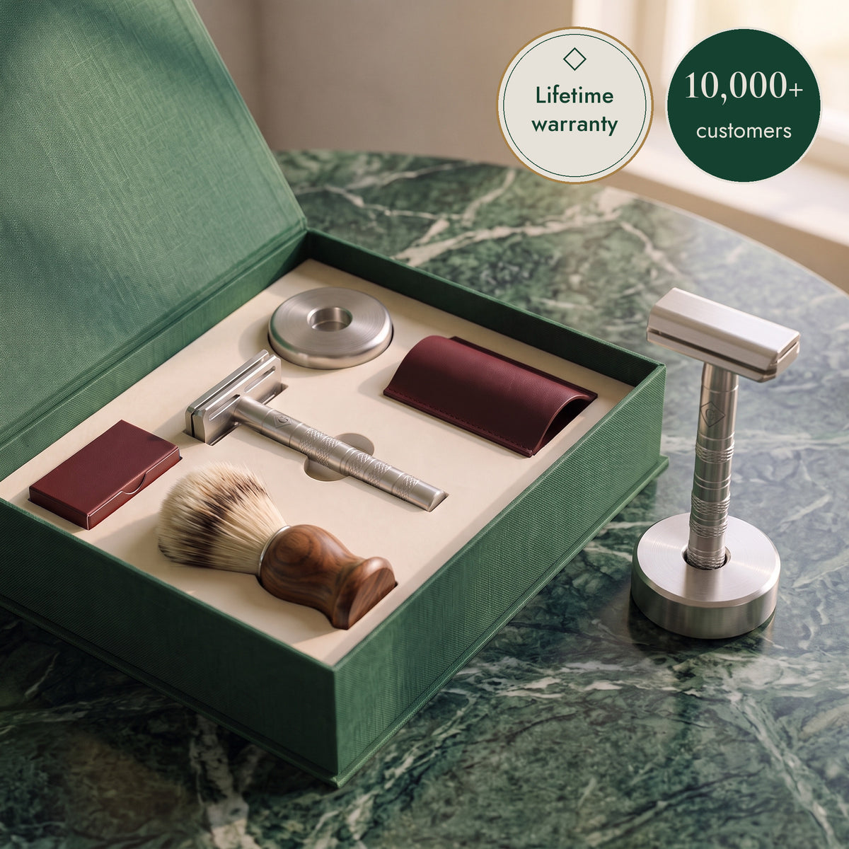 The Pair: the First Set in its emerald box and a second razor on its stand