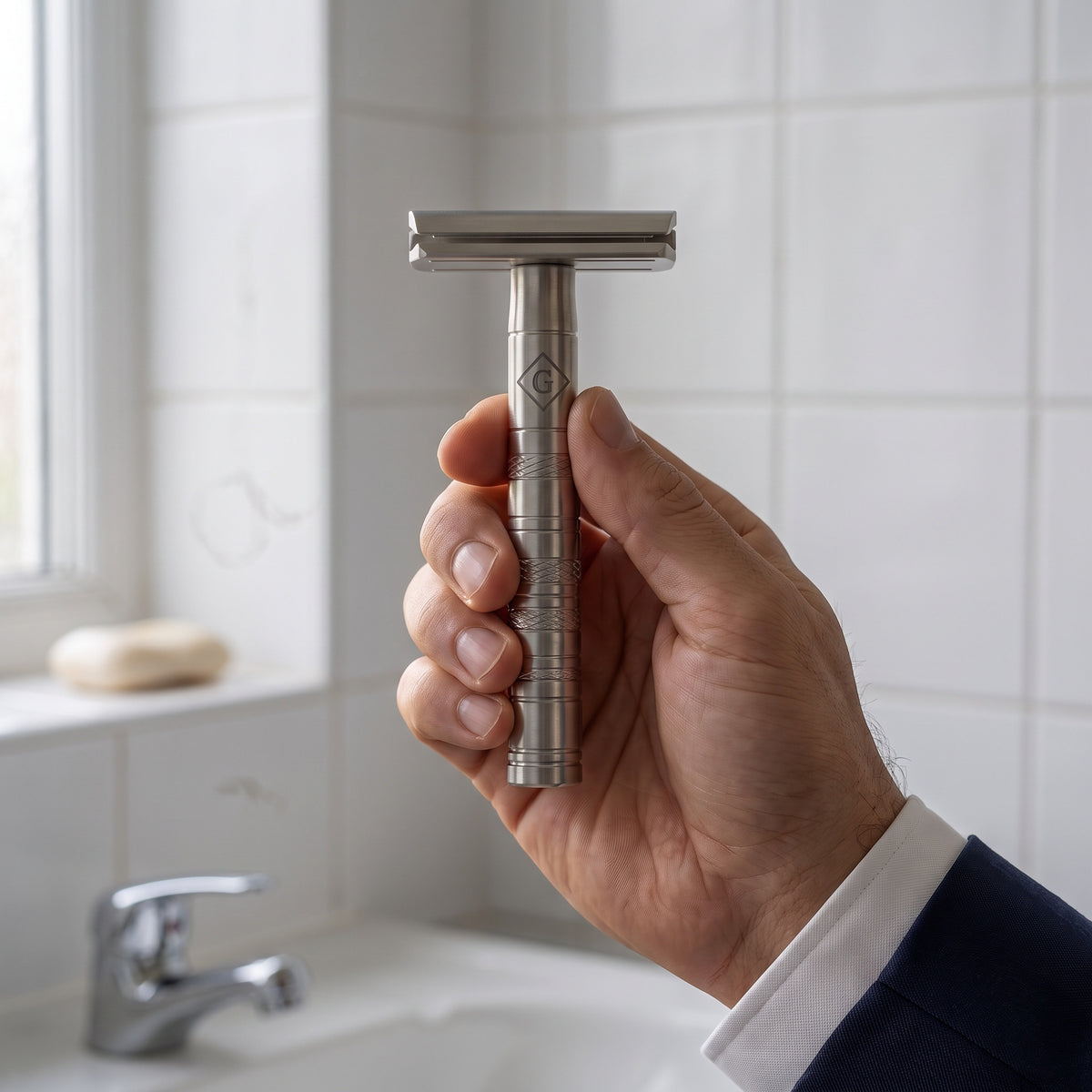 A hand holding the steel razor, with a white shirt cuff, in an everyday white-tiled bathroom