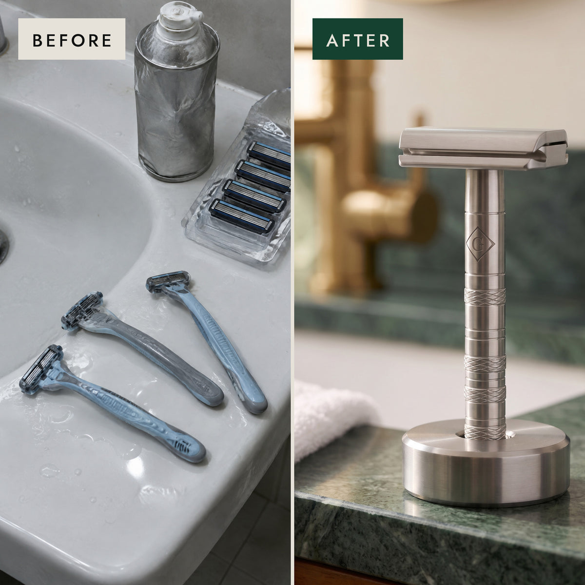Before: plastic cartridge razors on a sink. After: one steel razor on its stand
