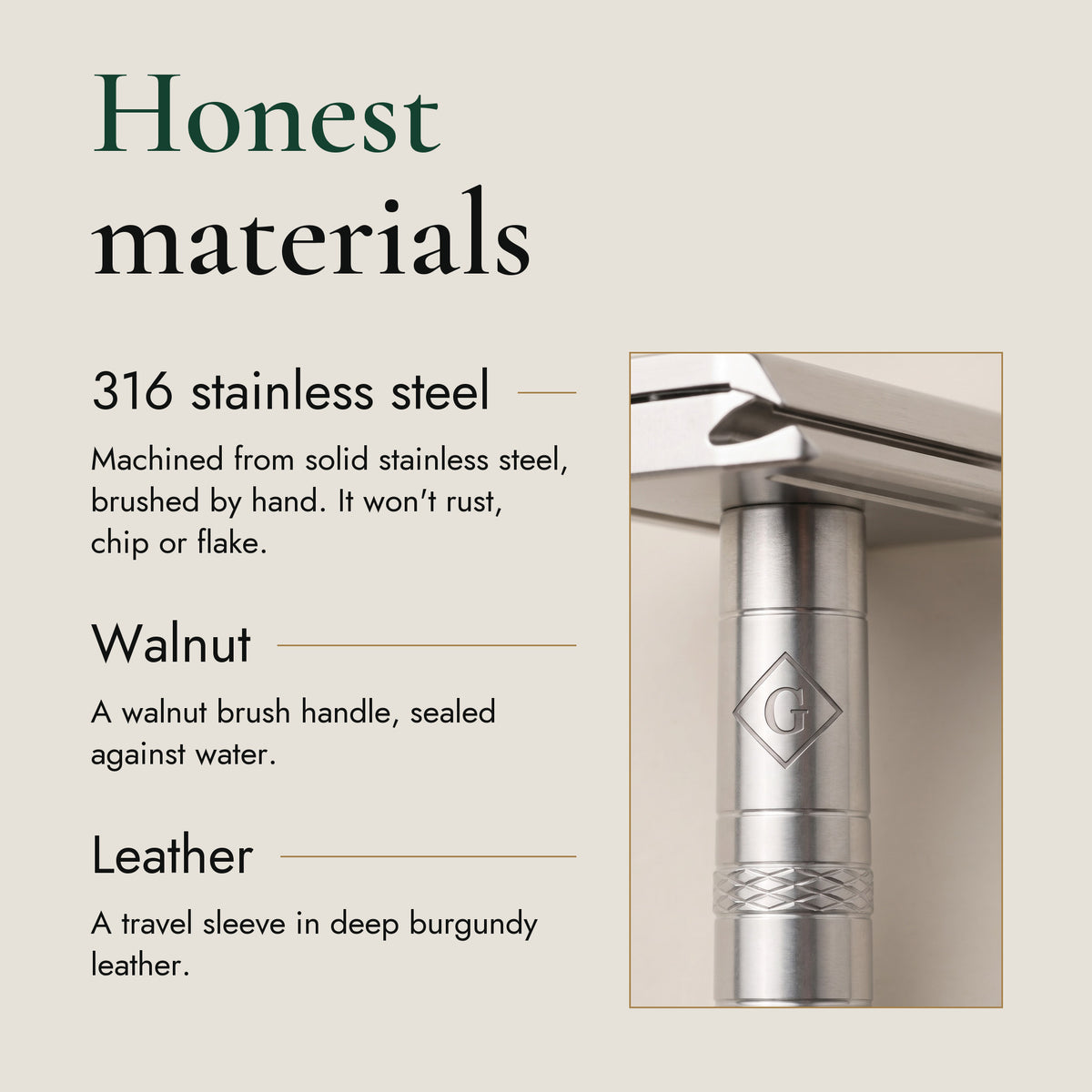 Honest materials: 316 stainless steel, walnut and leather