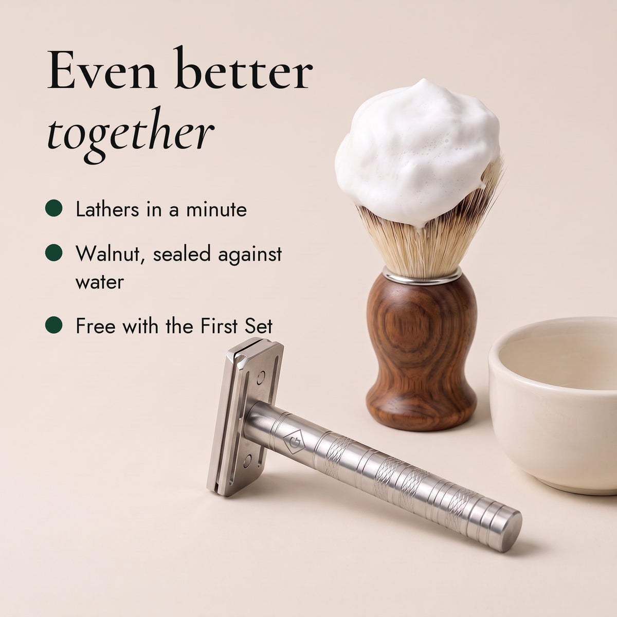 Even better together: the razor beside the walnut shaving brush with lather