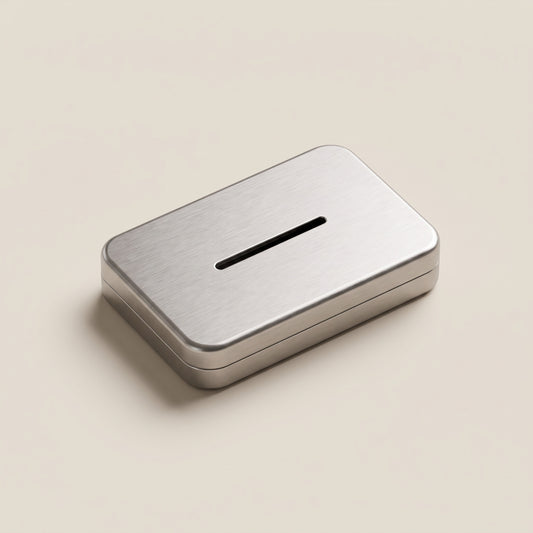 The steel blade bank: a small brushed-steel tin with a slot in the lid