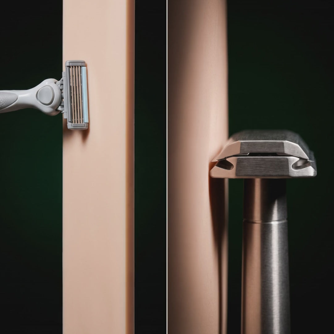 Both razors shave a skin-like panel top to bottom: the cartridge scrapes and leaves scratches and curls, The Razor glides and leaves the surface smooth